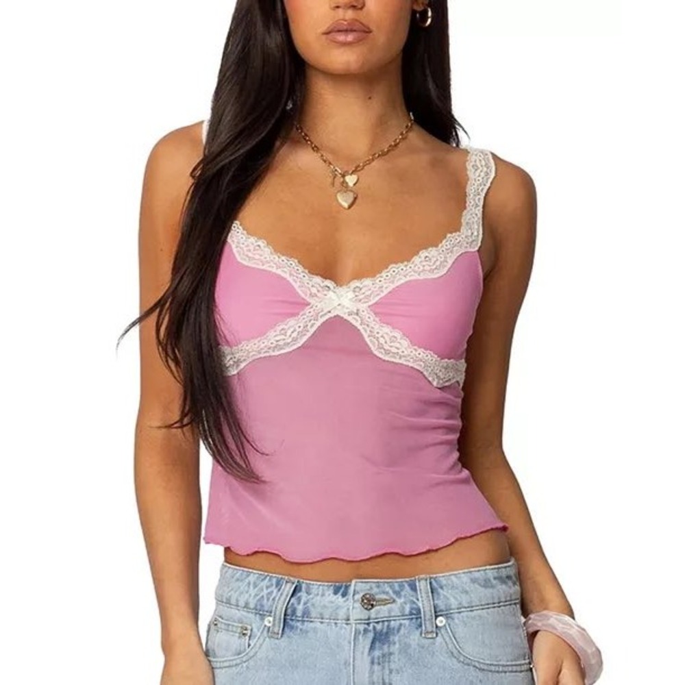 Edikted Pink Lace Trim Mesh Cami Tank Top Size Small Y2K Style